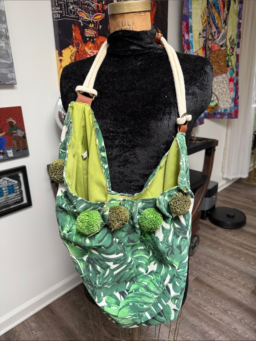 Green Tropical Leaf Pom-Pom Shoulder Bag